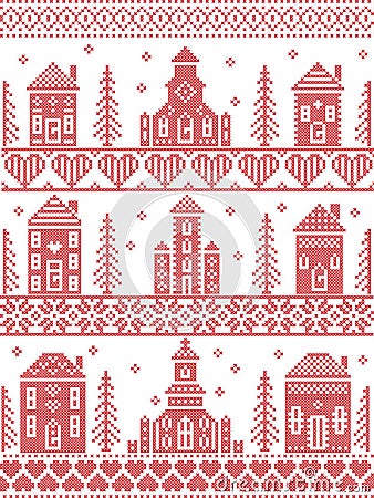 Scandinavian Tall Christmas pattern including Nordic Christmas scenery Winter Village Church , house, cottages, town hall in cro Vector Illustration