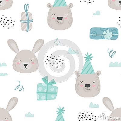 Scandinavian Teddy Animals Seamless Pattern. Baby Background with Cute Bear and Rabbit in Birthday Hats and Gift Boxes Vector Illustration