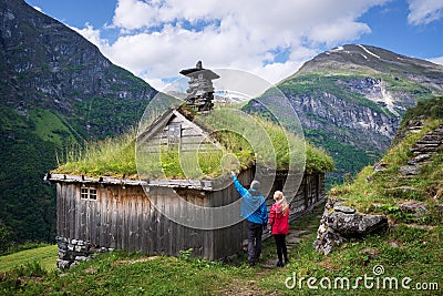 Scandinavian turf houses near Geiranger fjord, Norway Stock Photo