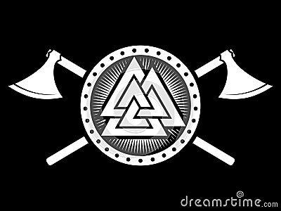 Scandinavian Viking design. Berserker Warrior Shield and two crossed axes Vector Illustration