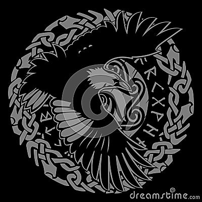 Scandinavian Viking design. Black Raven in flight with outstretched wings and Old Norse ornament Vector Illustration