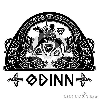 Scandinavian Viking design, God Odin on a war horse and Old Norse ornament with runes Vector Illustration