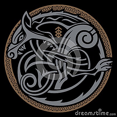 Scandinavian Viking design. Illustration of a mythological beast - Fenrir Wolf in Celtic Scandinavian style Vector Illustration