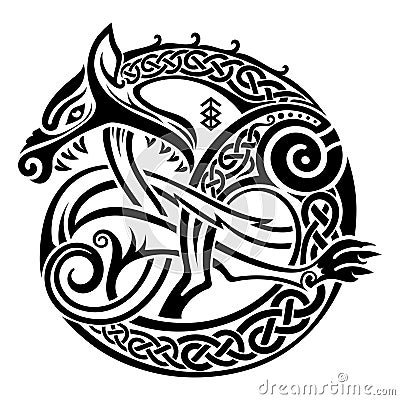 Scandinavian Viking design. Illustration of a mythological beast - Fenrir Wolf in Celtic Scandinavian style Vector Illustration