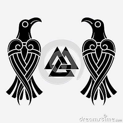 Scandinavian Viking design. Two black crows drawn in Old Norse Celtic style Vector Illustration