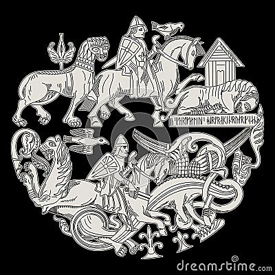 Scandinavian Viking design. Viking riders fight mythical animals - lions and dragons Vector Illustration