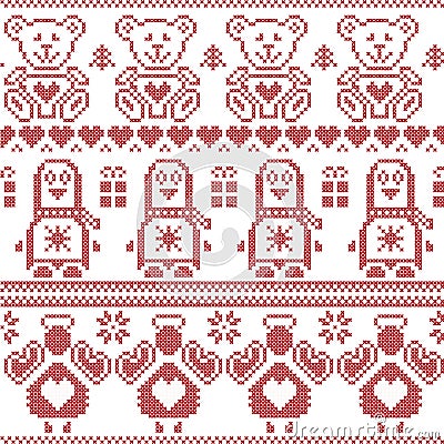 Scandinavian vintage Christmas Nordic seamless pattern with penguin, angel, teddy bear, xmas gifts, hearts, decorative ornaments, Vector Illustration