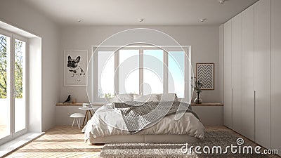 Scandinavian white minimalist bedroom with panoramic window, fur carpet and herringbone parquet, modern architecture interior desi Stock Photo