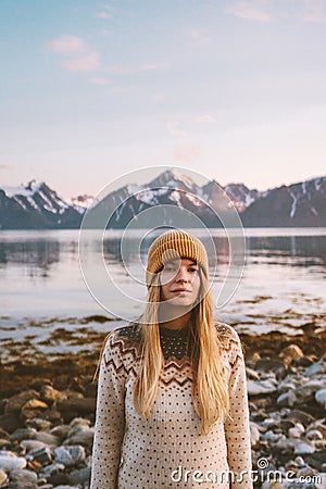 Scandinavian woman outdoor travel adventure vacations in Norway Stock Photo