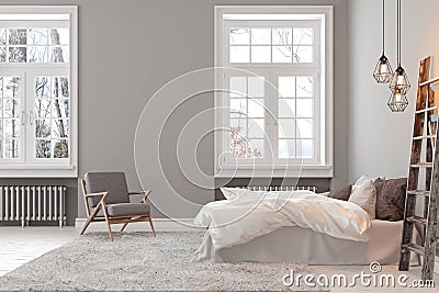 Scandinavin loft gray empty bedroom interior with armchair, bed and lamp. Cartoon Illustration
