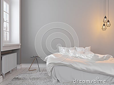 Scandinavin loft gray empty bedroom interior with bed, table and lamp. Cartoon Illustration