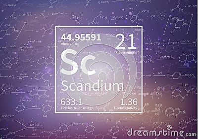 Scandium chemical element with first ionization energy, atomic mass and electronegativity values on scientific Vector Illustration