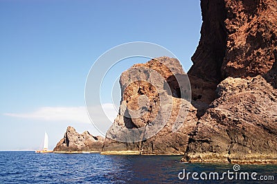 Scandola rocks and yacht Stock Photo