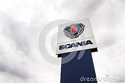 Scania AB Swedish company logo on service dealership headquarters Editorial Stock Photo