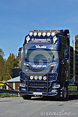 Scania Logging truck loading pine trees in the forest Editorial Stock Photo