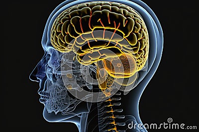 Scanned human head in profile, bright orange brain and head and neck veins, Generative AI Stock Photo