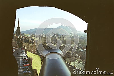 Edinburgh castle, view from a hole in the castle wall for cannons Stock Photo