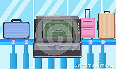 The scanner at the airport with suitcases and conveyor belt Vector Illustration