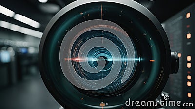 The scanner decodes the retinal data tech . Security access technology Stock Photo