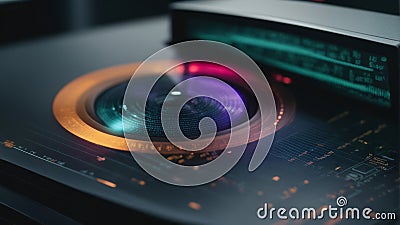 The scanner decodes the retinal data tech . Security access technology Stock Photo