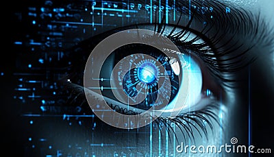 The scanner decodes the retinal data tech . Security access technology Stock Photo