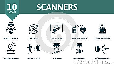 Scanners icon set. Contains editable icons sensor theme such as humidity sensor, touch sensor, ultrasonic sensor and Vector Illustration