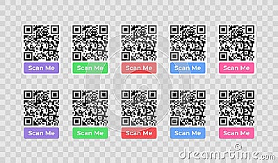 Scanning barcode banners graphic design. Set of vector frames of qr code with inscription scan me vector design Vector Illustration