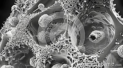 A scanning electron microscope image of a group of animal cells with intricate structures and membranes visible in great Stock Photo
