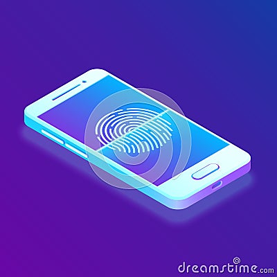 Scanning fingerprint on smartphone. Unlock mobile phone. Biometrics security. Touch screen smartphone with a zone to touch the hum Stock Photo