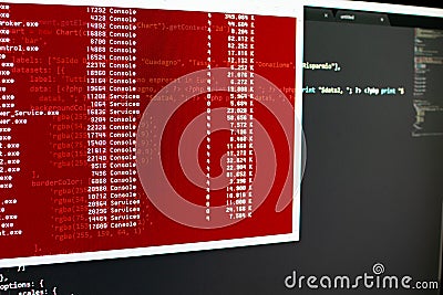 Scanning hard drive content by a shell. Computer analysis in a red window. List of file and number runs fast in a window, black Stock Photo