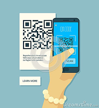 Scanning qr code. Hand holding smartphone and laser scanning coding product sticker vector concept Vector Illustration