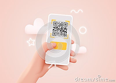 Scanning QR code with mobile smart phone. Qr code payment, E wallet , cashless technology concept. Vector Illustration