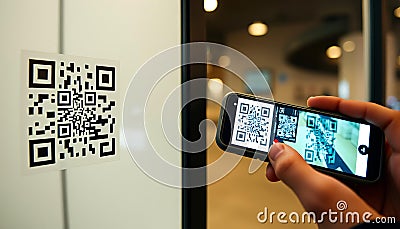 Scanning QR code with phone, mobile technology, digital access, and information Generative AI Stock Photo