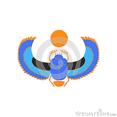 Scarab beetle with blue wings and orange sun. Symbol of ancient Egyptian culture and mythology. Vector icon of sacred Vector Illustration