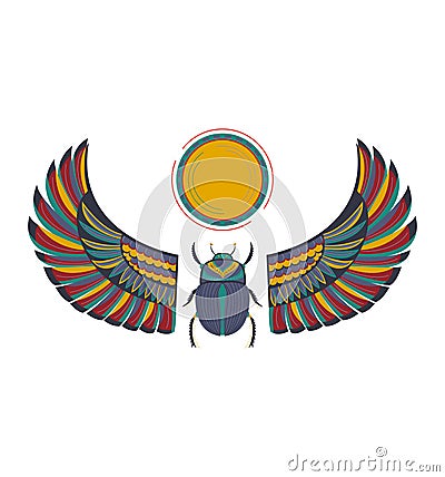 Scarab beetle with decorative wings and sun disc, Egyptian mythology inspired. Stylized ancient Egypt themed beetle and Vector Illustration