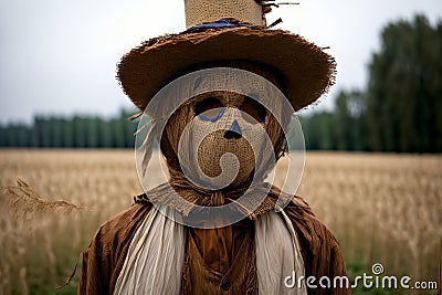 A Scarecrow With Blue Eyes And A Brown Hat. Generative AI Stock Photo