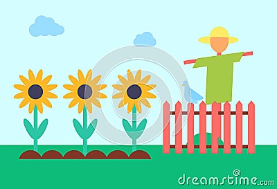 Scarecrow and Sunflower Field Vector Illustration Vector Illustration