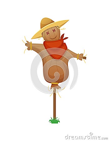 Scarecrow. Cartoon Stuffed Man in a Red Armband and Straw Hat Stock Photo