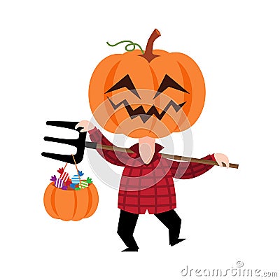 Scarecrow ghost with pumpkin head . Cute halloween cartoon characters . Vector Vector Illustration