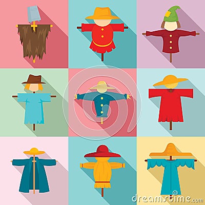 Scarecrow icons set, flat style Vector Illustration
