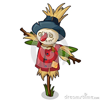 Scarecrow made of straw and grass in red clothes Vector Illustration