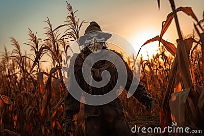 scarecrow standing in a cornfield with glowing red eyes and a sinister smile Halloween holiday concept Stock Photo
