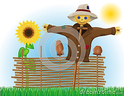 Scarecrow straw in a coat and hat with fence and sunflowers Vector Illustration