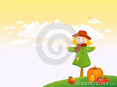 Scarecrow and sunset sky background Vector Illustration