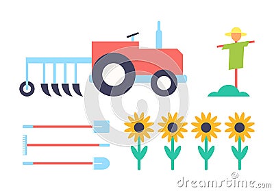 Scarecrow and Tractor Set Vector Illustration Vector Illustration