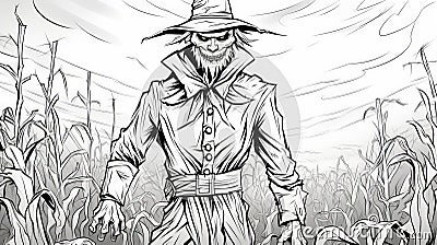 Ghoulpunk Scarecrow: Black And White Coloring Page Illustration Cartoon Illustration