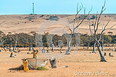 Scarecrows with boat, Discovery Lagoon, Kangaroo Island Editorial Stock Photo