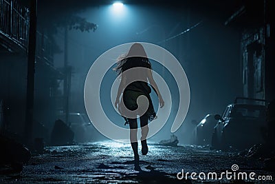 Scared adult girl runs down dark city street at night alone, silhouette of lonely escaping woman. Lost female person like in Stock Photo