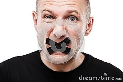 Scared adult man adhesive tape closed mouth Stock Photo