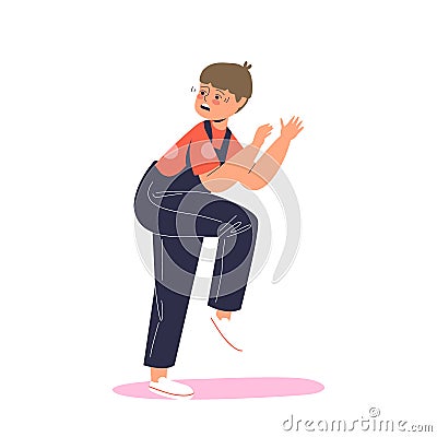 Scared afraid boy small kid running away. Frightened little child shocked or surprised in panic Vector Illustration